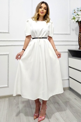 Rochie office SOREYA, cu maneca scurta si croi bufant, Alb Uni, Marimea S/M