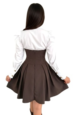 rochie cu camasa alba si fusta ampla cu imprimeu subtil model spate