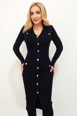 Rochie office tricotata Kadira, bodycon, cu nasturi decorativi, Negru, Marime S/M/L