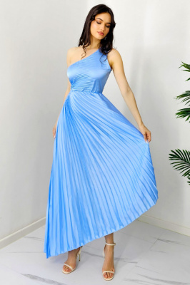 Rochie plisata asimetrica Elza, cu decupaj in zona taliei, Albastru baby blue, 3