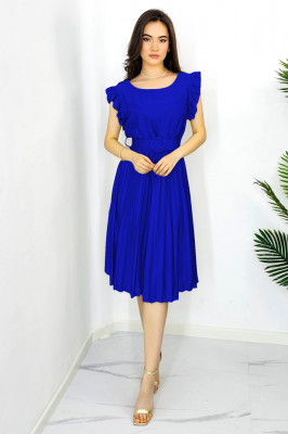 Rochie plisata midi, Elenor, cu volanase si curea asortata, Albastru indigo, Marime universala S/M1