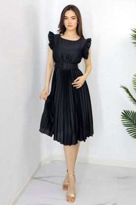 Rochie plisata midi, Elenor, cu volanase si curea asortata, Negru, Marime universala S/M2