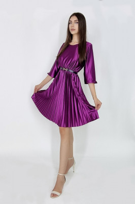 Rochie plisata midi Glossy, curea inclusa, Mov, Marime universala S/M