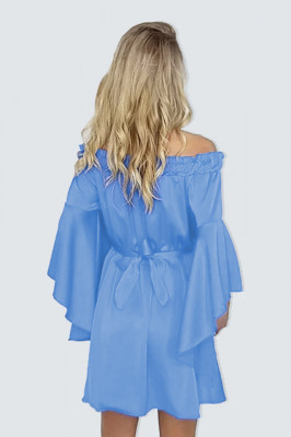 Rochie satin Lorenna, cu maneci/decolteu oversize si aspect vaporos, Albastru deschis, Marime universala S/M2