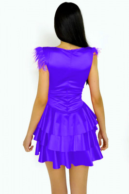Rochie satinata Anisia, cu volane, detaliu din pene si decolteu adanc, Mov, Marimea S/M2
