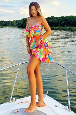 Rochie scurta AUGUSTina Print, cu imprimeu si volane asimetrice, Orange Countess, Marime S/M 5