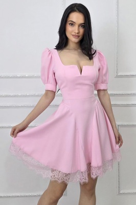 Rochie scurta babydoll Amandine, cu spatele gol si cordon, Roz, Marime S/M