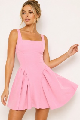 Rochie scurta roz babydoll MARA, cu spatele gol si funda