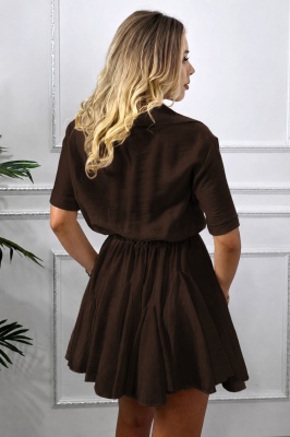 Rochie scurta, casual Peony, cu volane si revere, Maro Ciocolata, Marime S/M detaliu spate