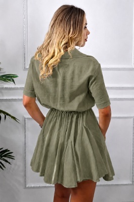 Rochie scurta, casual Peony, cu volane si revere, Kaki, Marime S/M detaliu spate