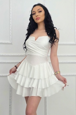 Rochie scurta de ocazie, VALORIA, cu volane si bretelute, Alb, Marime S/M