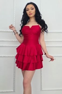 rochie rosie feminina cu volane si efect luminos discret