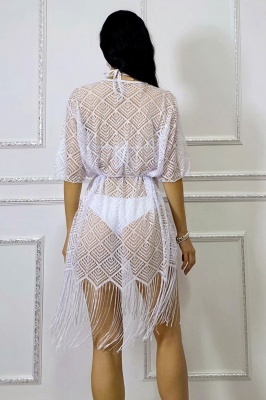 Rochie scurta de plaja Moya Sea, cu franjuri boho si efect brodat, Alb detalii spate