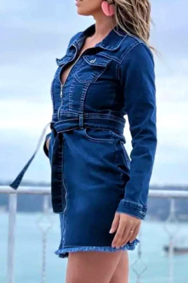 Rochie scurta Deniza, din denim elastic, cu fermoar si cordon, Albastru 1