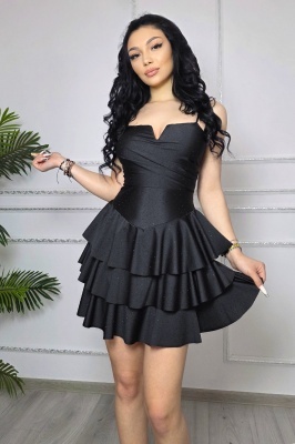 Rochie scurta eleganta, VALORIA, cu volane si bretelute, Negru, Marime S/M