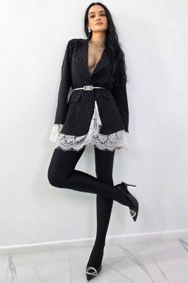 Rochie scurta sacou IMPERYA, garnituri din dantela si cristale, Alb/Negru, Marime S/M