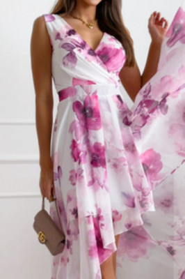 Rochie vaporoasa de vara Giuliana, chiffon, asimetrica si imprimeu pastel, Alb/Fucsia, Marime S/M 2