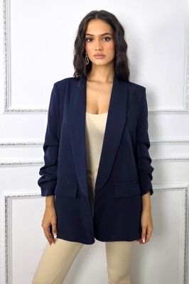 Sacou casual Alessia, cu revere rotunde si buzunare decorative, Bleumarin, Marime S/M