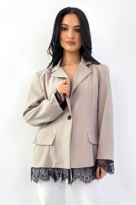 Sacou elegant Maelis, cu dantela si cusaturi de contur, Cappuccino, Marime S/M