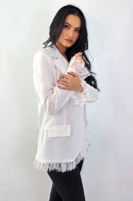 Sacou lung, elegant KISHA Pastel, cu garnituri din dantela, Alb, Marime S/M