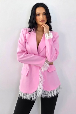 Sacou lung, elegant KISHA Pastel, cu garnituri din dantela, Roz, Marime S/M