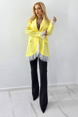 Sacou subtire, lung ELVIA, cu dantela si buzunare decorative, Galben, Marime S/M