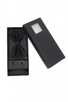 Set 3 piese Gentleman, pentru barbati, papion, buton si batista din stofa, negru, G1