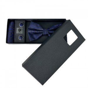 Set 3 piese Mistery, pentru barbati, papion, butoni si batista din stofa, albastru cu imprimeu 1