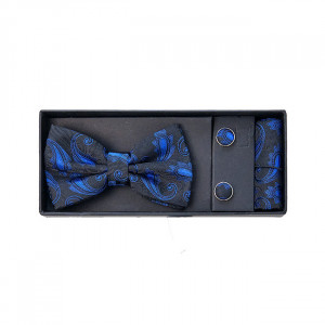 Set 3 piese Mistery, pentru barbati, papion, butoni si batista din stofa, negru cu imprimeu albastru, MS102