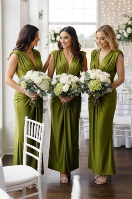 Set 5x Rochie lunga satinata Ilaria, cu croiala conica, Verde olive, Marime S/M
