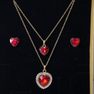 Set accesorii Danser a Deux, din inox, cu cercei, sirag cu doua lanturi si pandativ cu pietre, in cutie eleganta, Gold Heart Rosu 1