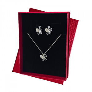 Set accesorii Feeling, din inox, cu cercei forma fluture, lantisor si pandativ cu cristale, in cutie eleganta, Argintiu