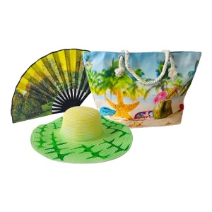 Set BIG Summer, geanta maxi de plaja, palarie si evantai, Gradina de vara