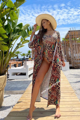 Set Fiona animal print costum de baie intreg si cardigan de plaja