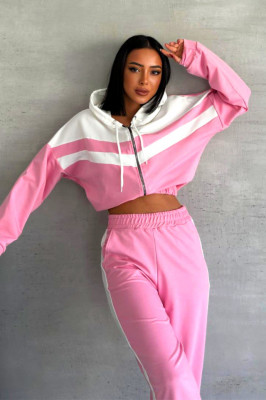 Trening bumbac Cerasela, imprimeu bicolor, bluza scurta cu fermoar si pantaloni, Roz 3