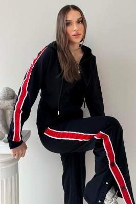 Trening cu fermoar SporDIVA, hanorac cu gluga si pantaloni, Negru