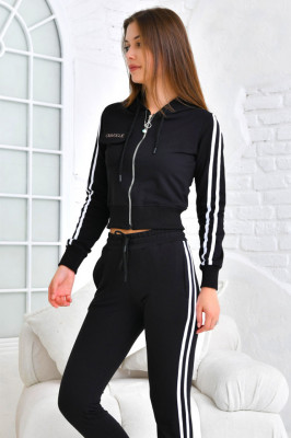 Trening dama, Fits Vogue, pantaloni lungi si bluza cu fermoar si gluga, Negru