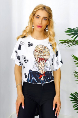 Tricou bumbac Swing, cu imprimeu grafic si rejansa elastica in talie, Alb1
