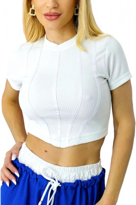 Tricou crop IKA, cu striatii si insertii din piele ecologica, Alb 3