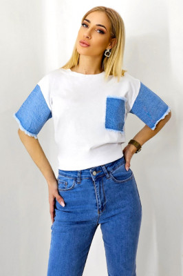 Tricou bumbac Kriss, cu doua texturi, denim la maneci si buzunar practic cu franjuri