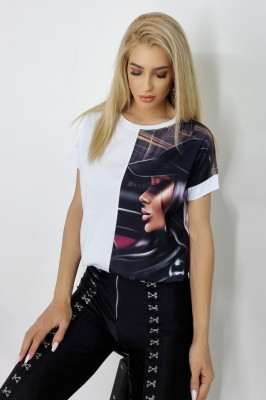 Tricou dama Blooming, cu imprimeu grafic "Glam", Alb1