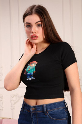 Tricou dama Let's Party, cu imprimeu "ursulet", Negru2