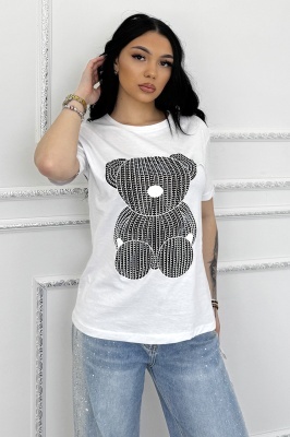  Tricou dama stralucitor cu model teddy din strasuri imprimate in relief, usor si confortabil.  