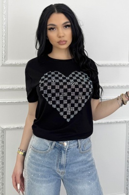 Tricou de dama din bumbac, Lumiheart cu pietre si imprimeu, Negru