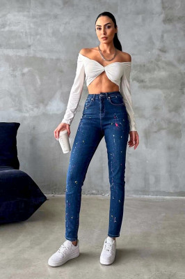Blugi dama, Splash Paint, croiala elastica boyfriend cu detalii cromatice, Albastru   2