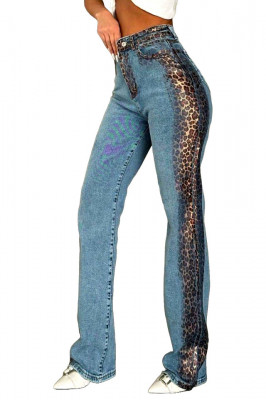 Blugi drepti Reno, cu super elastan, talie inalta si panou animal print lateral  1