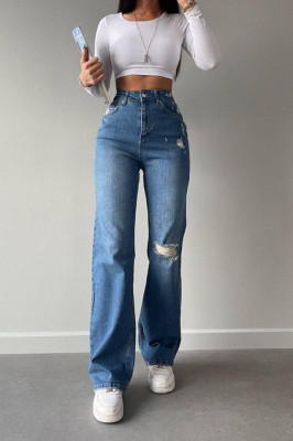 Blugi mom fit Jadore, cu aspect evazat, textura elastica si perforatii decorative asimetrice, Albastru denim