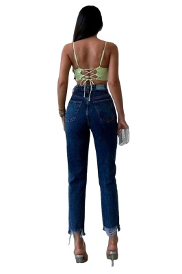 Blugi mom slimfit Colombo, cu perforatii la baza piciorului si talie inalta, Albastru denim 5