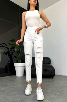 Blugi mom slimfit Mauris, cu perforatii ample pe linia piciorului 