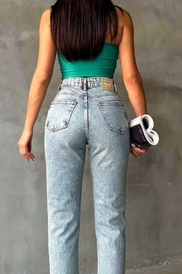 Blugi mom slimfit SEUL, cu aspect prespalat si perforatii, Albastru zapada detaliu